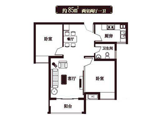 金源御景华府户型图 2室2厅1卫1厨 85