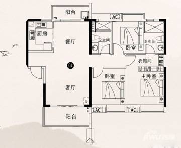 增城·方圆云山诗意3栋01户型3室2厅2卫1厨 107.50㎡