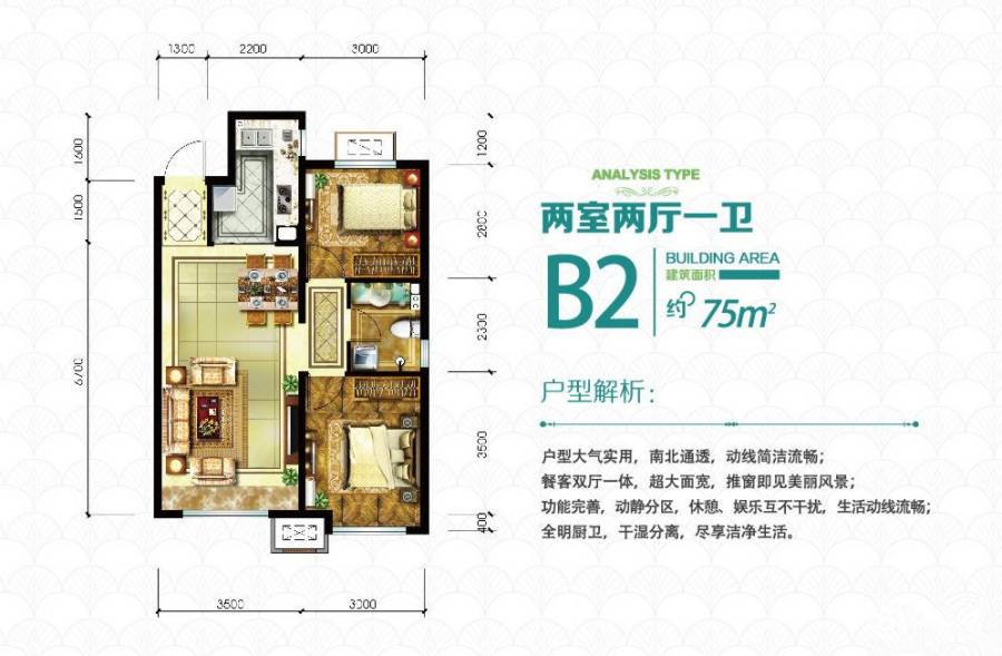 燕郊孔雀城b2户型两室两厅一卫约75平