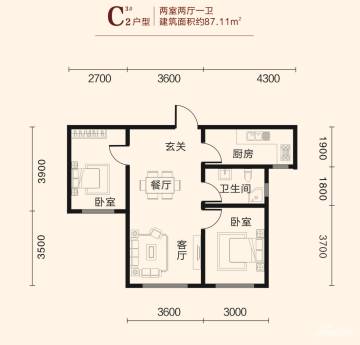 3#c2户型-两室两厅一卫-87.11平米