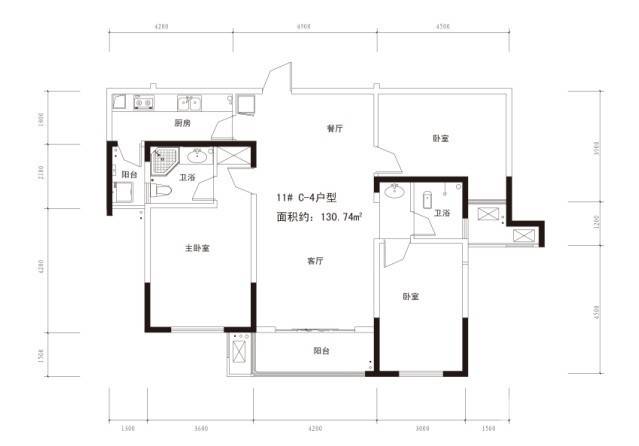 长房时代城3室2厅1卫130.7㎡户型图