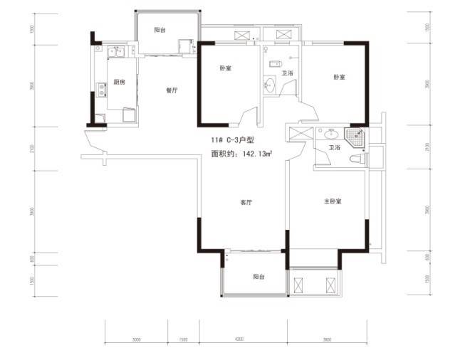 长房时代城3室2厅2卫142.1㎡户型图