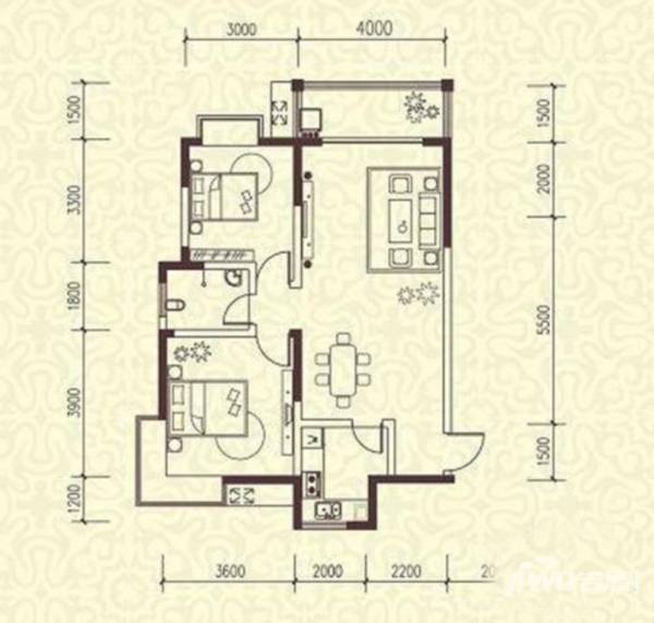 东门尚苑2室2厅1卫91.5㎡户型图