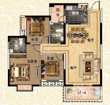 钱隆樽品三期波士堂3室2厅2卫121.3㎡户型图