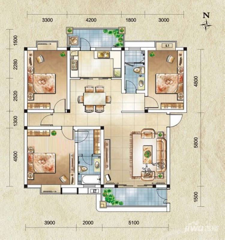 江山帝景3室2厅2卫151㎡户型图