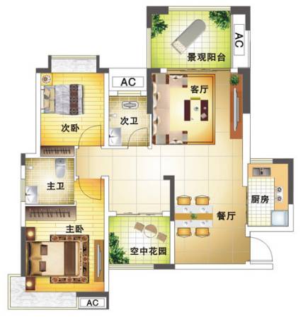 高信向日葵2室2厅2卫90㎡户型图