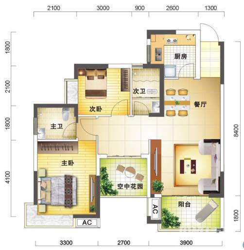 高信向日葵2室2厅2卫90㎡户型图