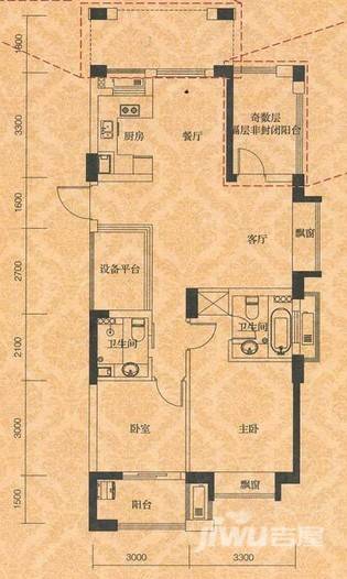 顺发堤香2室2厅2卫91㎡户型图