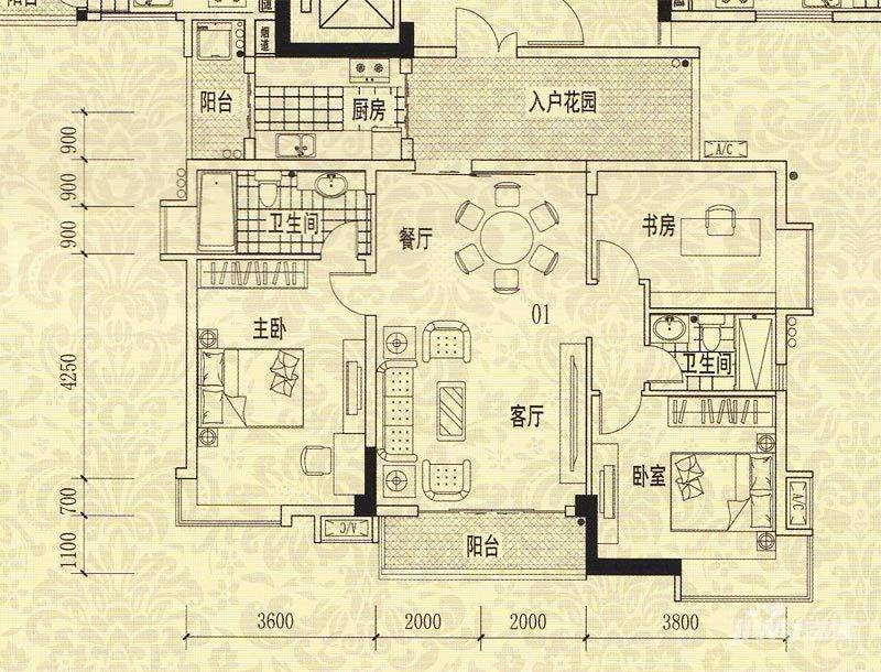 龙津华府3室2厅2卫121.4㎡户型图