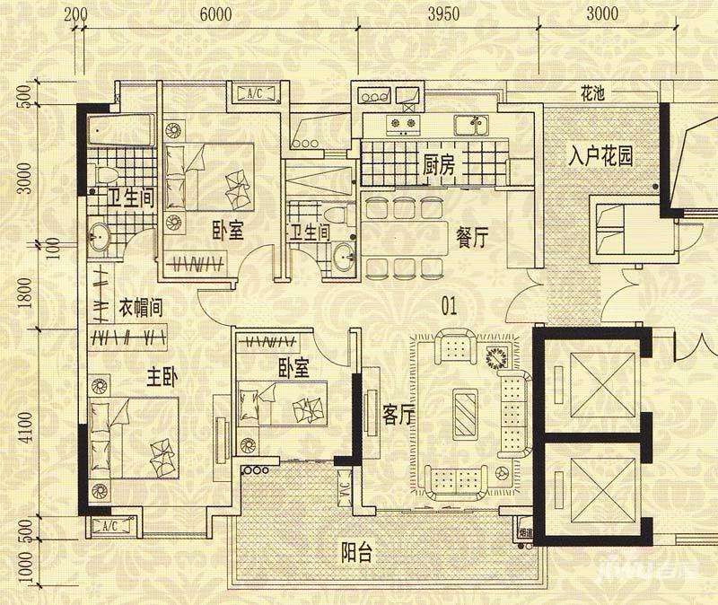 龙津华府3室2厅2卫123.8㎡户型图