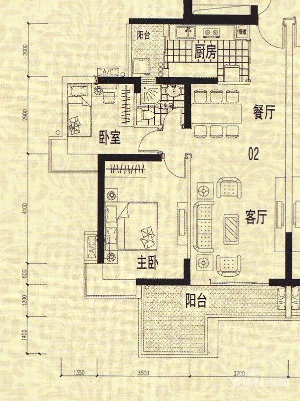 龙津华府2室2厅1卫95.9㎡户型图