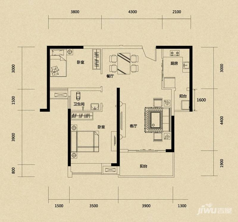 城南故事2室2厅1卫89㎡户型图