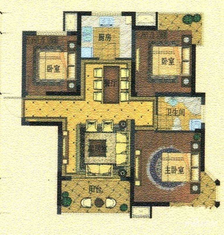 丁桥颐景园3室2厅1卫87.7㎡户型图