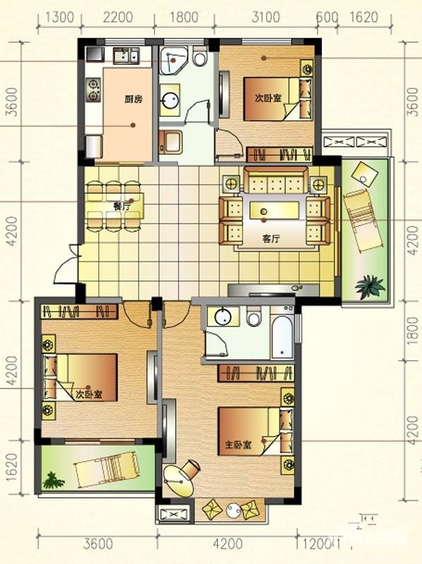 景丽华庭3室2厅2卫120㎡户型图