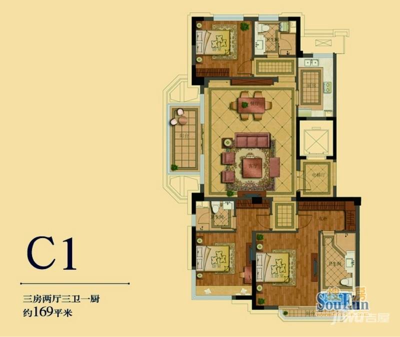 德信臻园3室2厅3卫169㎡户型图