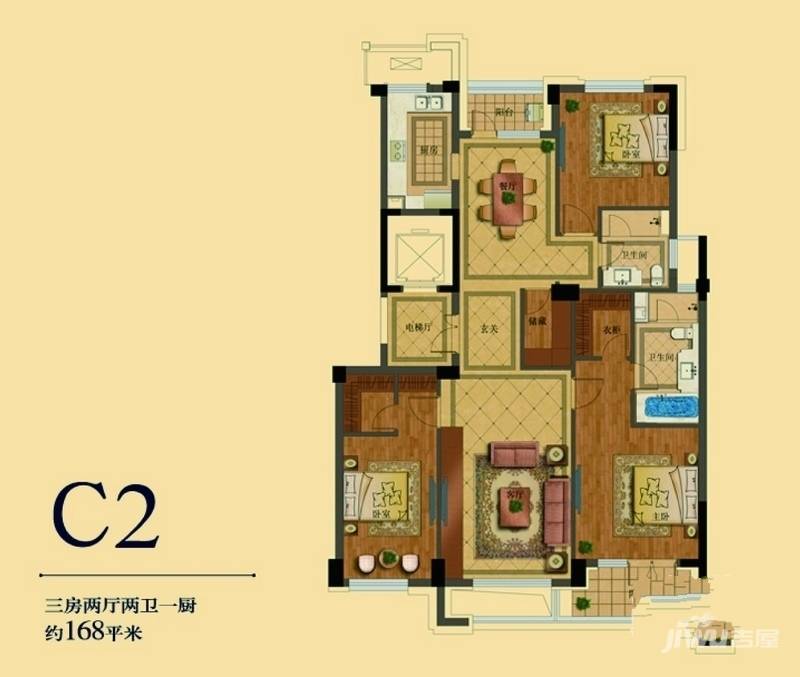 德信臻园3室2厅2卫168㎡户型图