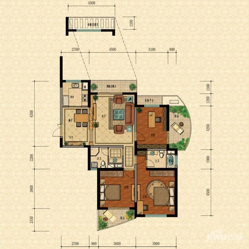 万和国际3室2厅2卫137㎡户型图