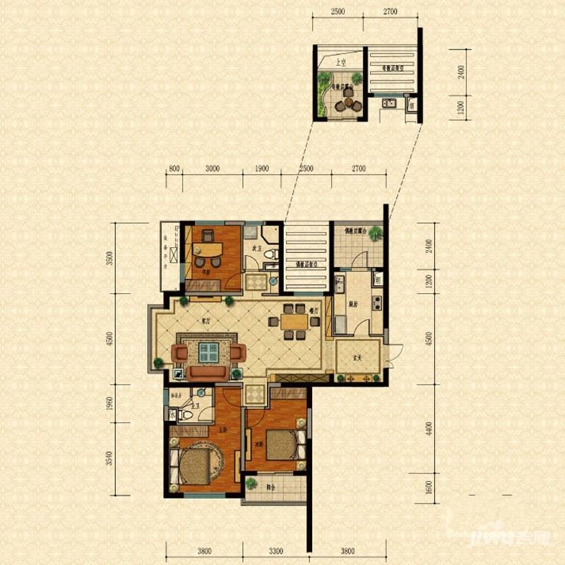 万和国际3室2厅2卫134.1㎡户型图