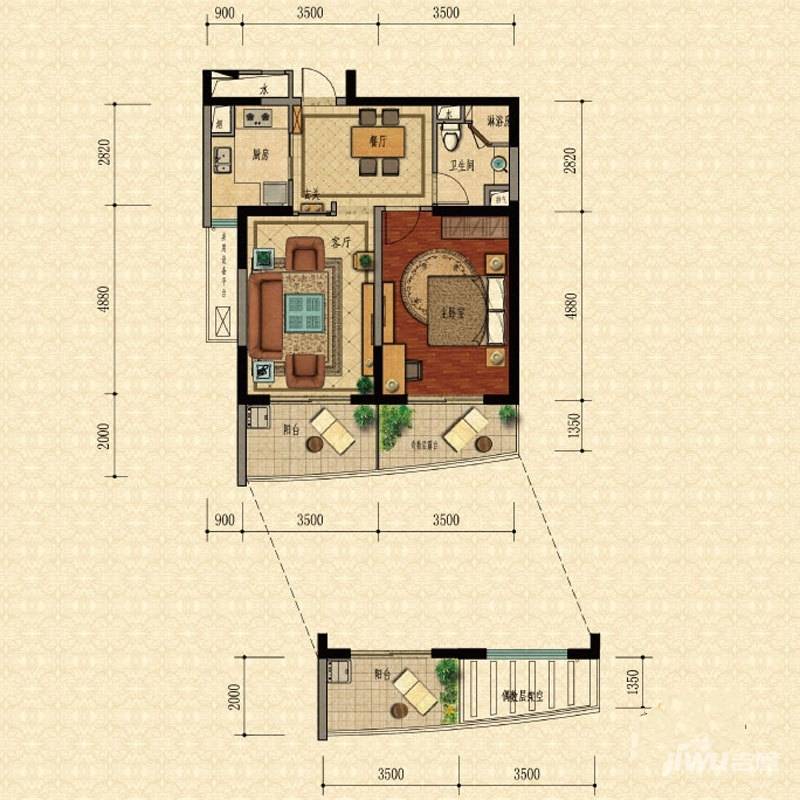 万和国际1室2厅1卫75.5㎡户型图