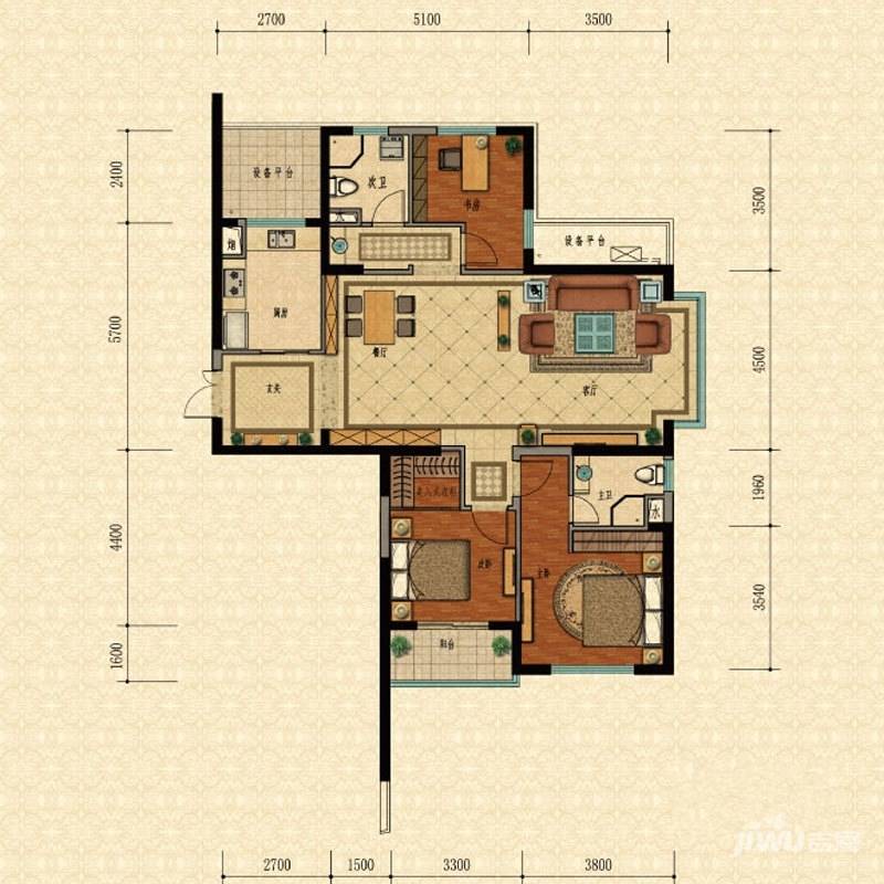 万和国际3室2厅2卫137.3㎡户型图