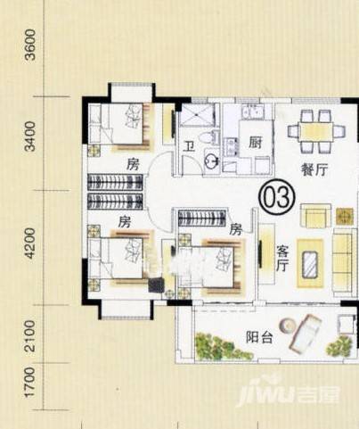 富力金港城3室2厅1卫100㎡户型图