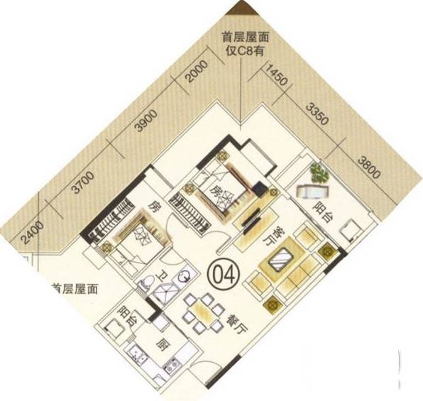 富力金港城2室2厅1卫83㎡户型图