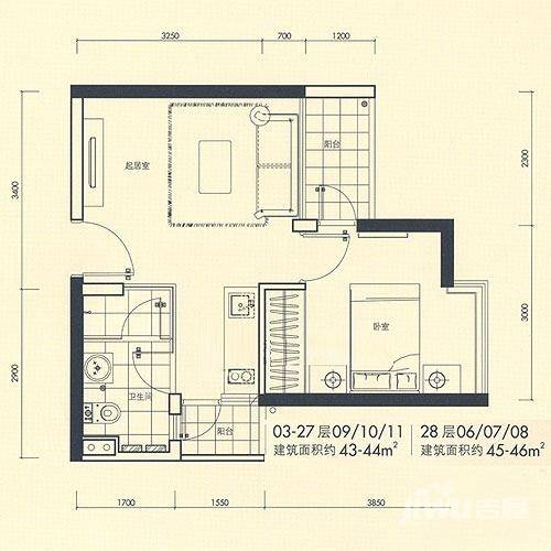 御河堤1室1厅1卫43㎡户型图