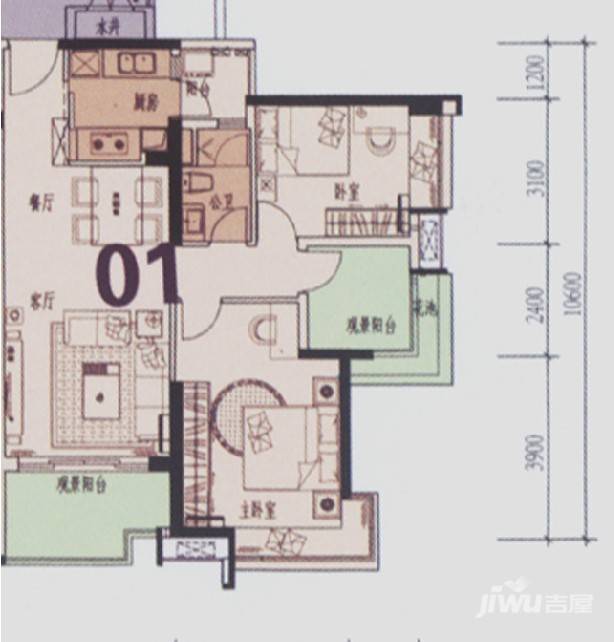 时代南湾2室2厅2卫96.2㎡户型图