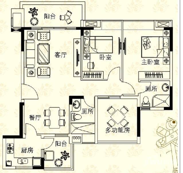 巴厘天地上苑3室2厅1卫103㎡户型图