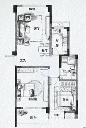 圣奥领寓2室2厅1卫89㎡户型图