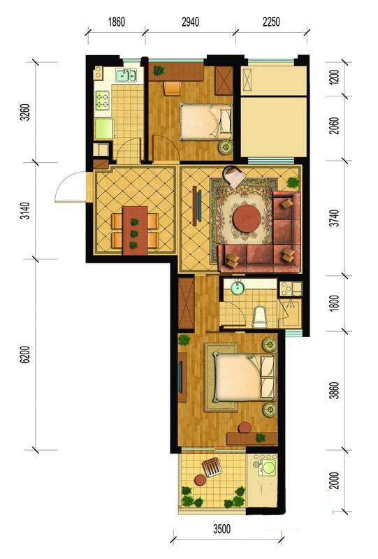 桂花星城2室2厅1卫85㎡户型图