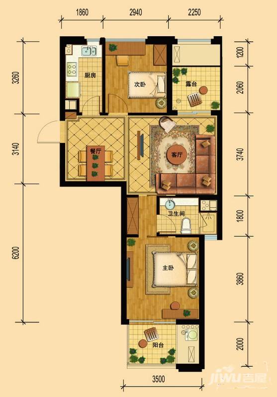 桂花星城2室2厅1卫90㎡户型图