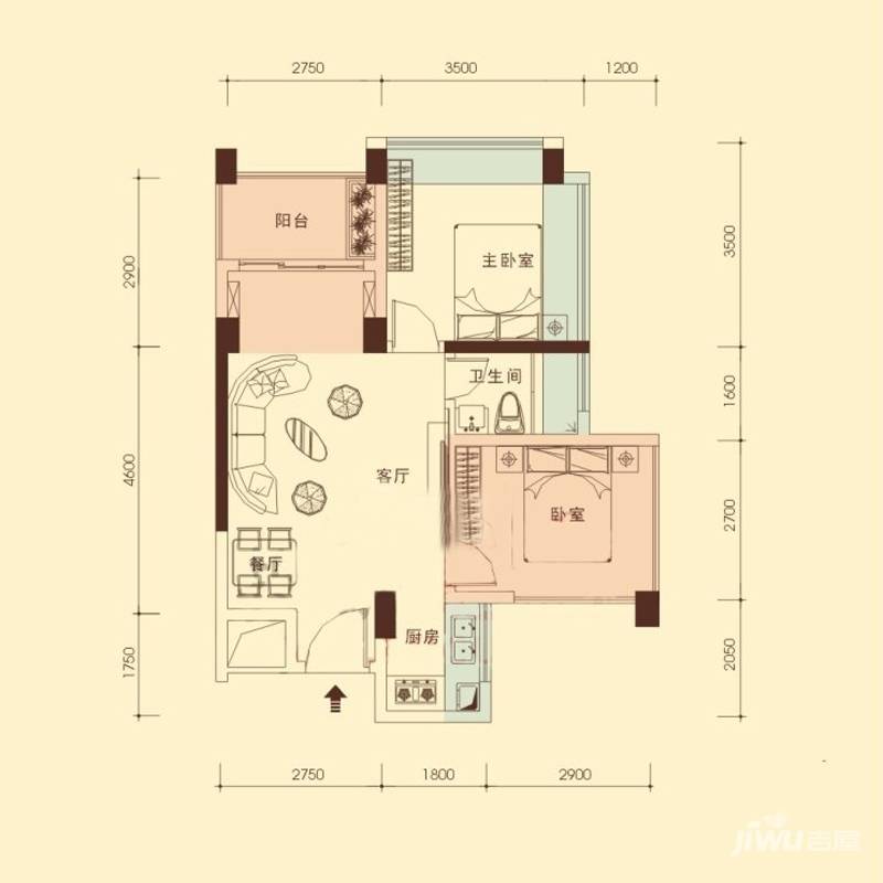 朝阳里雅苑2室2厅1卫58㎡户型图