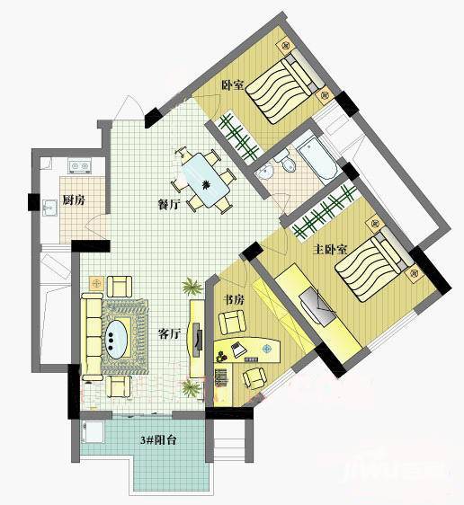 北湖绿洲花园3室2厅2卫户型图