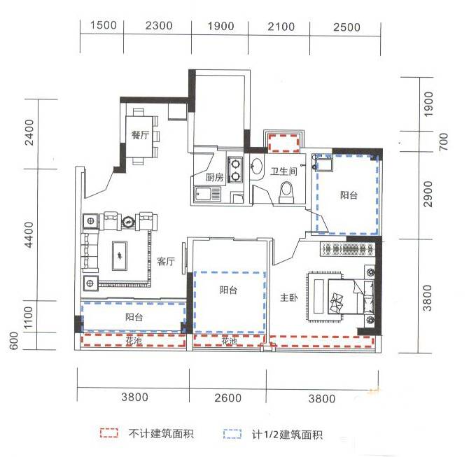 品尚居1室2厅1卫74㎡户型图