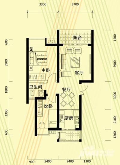 青果天诚花园2室2厅1卫66.8㎡户型图