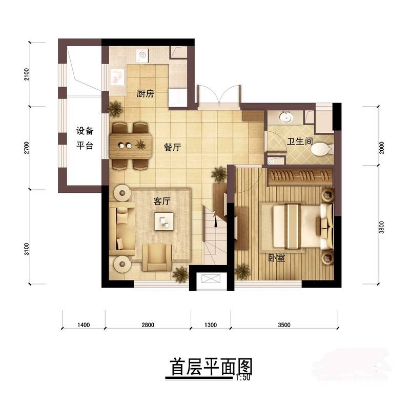 保利湾天地1室2厅1卫130㎡户型图