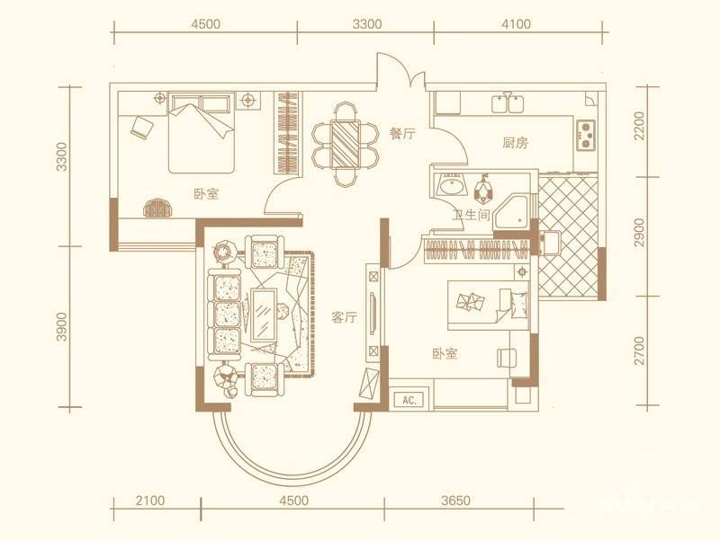 紫金庄园2室2厅1卫95.7㎡户型图