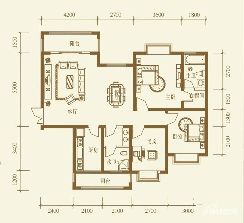 檀溪谷3室2厅2卫127.2㎡户型图