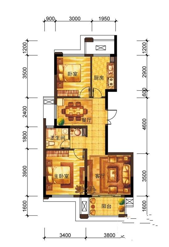 中铁田逸之星2室2厅1卫89.6㎡户型图