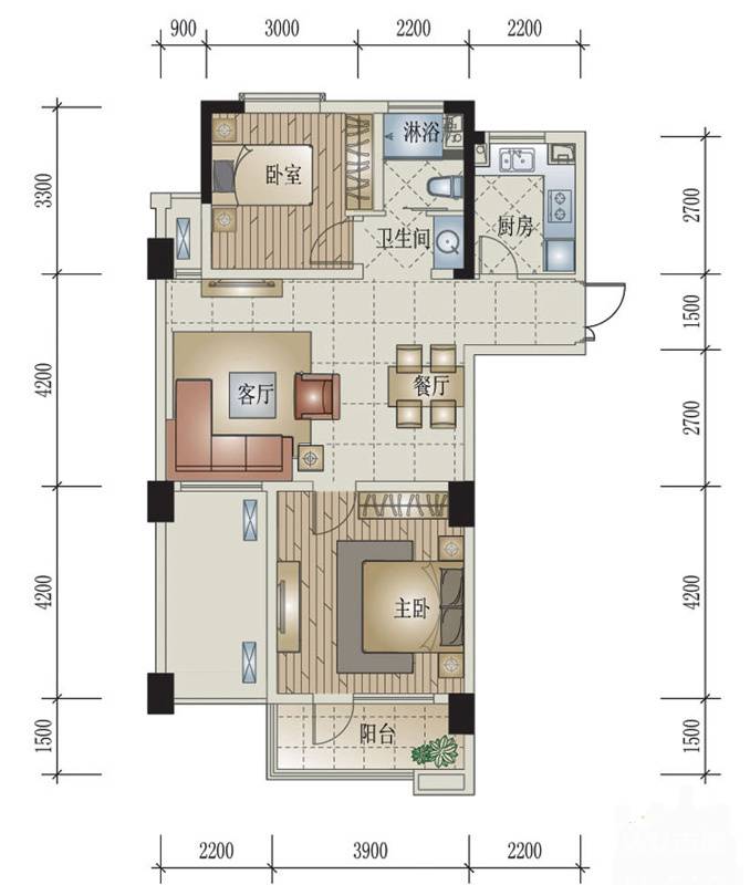 翡翠城2室2厅1卫90㎡户型图