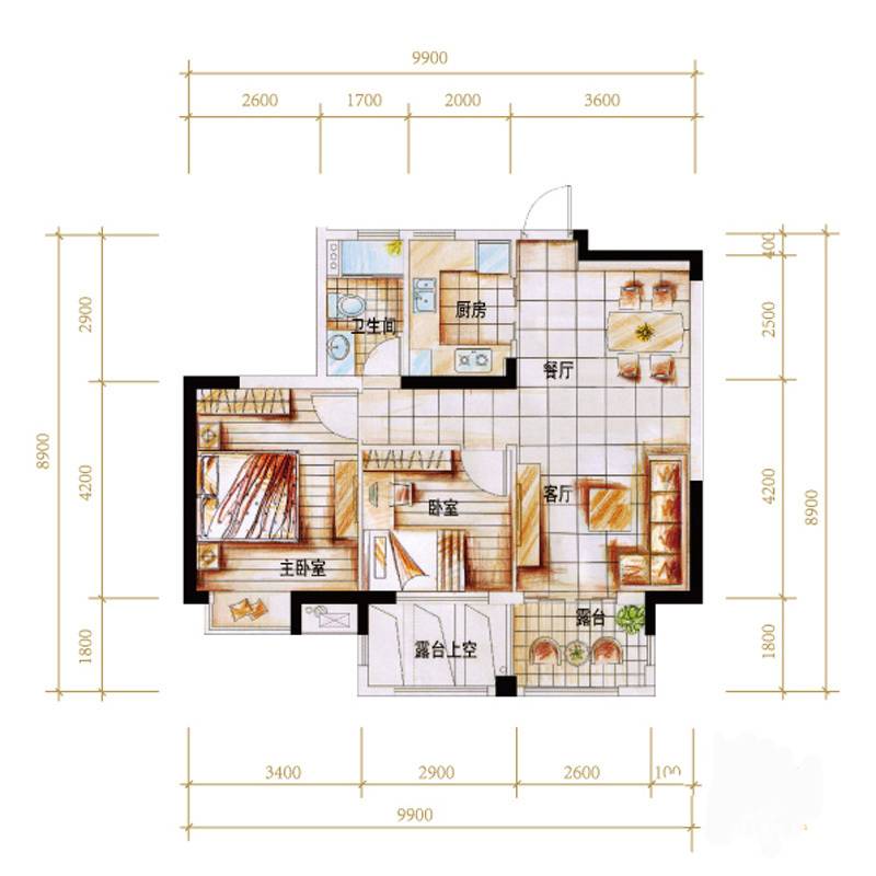 华门新西湖小镇2室2厅2卫80㎡户型图