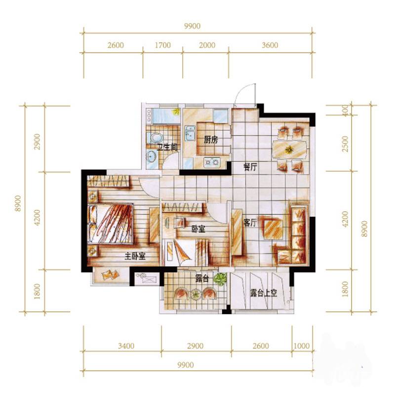 华门新西湖小镇2室2厅1卫80㎡户型图