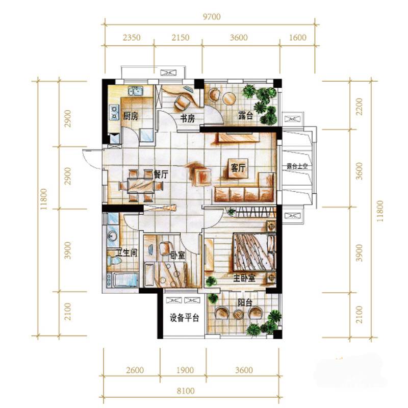 华门新西湖小镇3室2厅1卫95㎡户型图