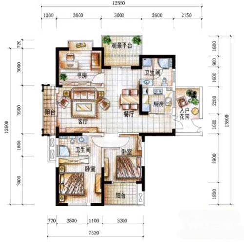 华门新西湖小镇3室2厅2卫129㎡户型图