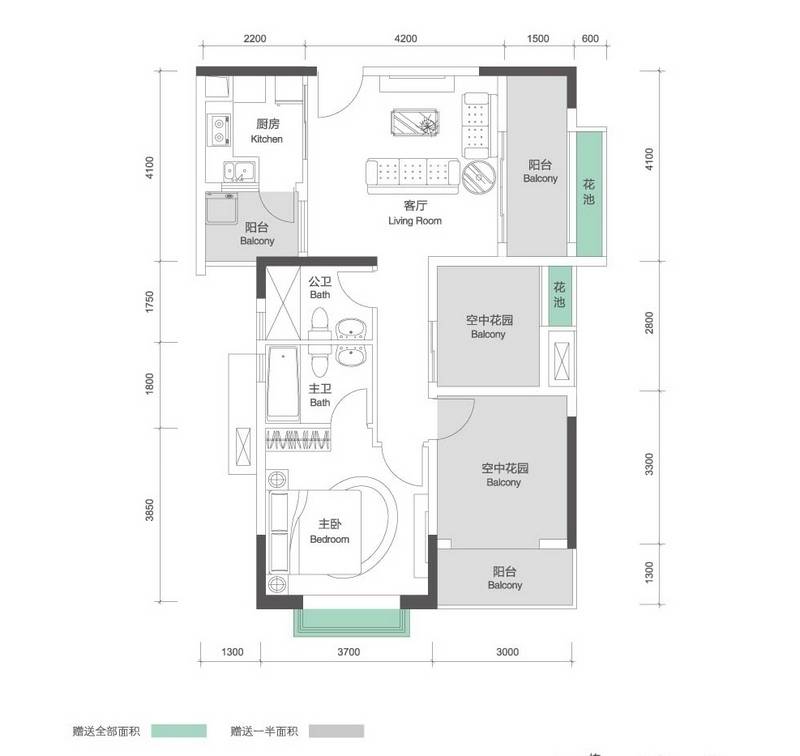 招商花园城二期1室1厅2卫89㎡户型图