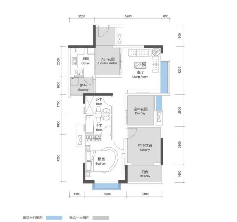 招商花园城二期1室1厅2卫89㎡户型图