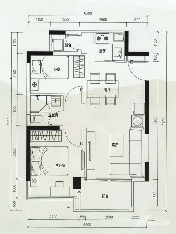 云顶澜山2室2厅1卫62.8㎡户型图