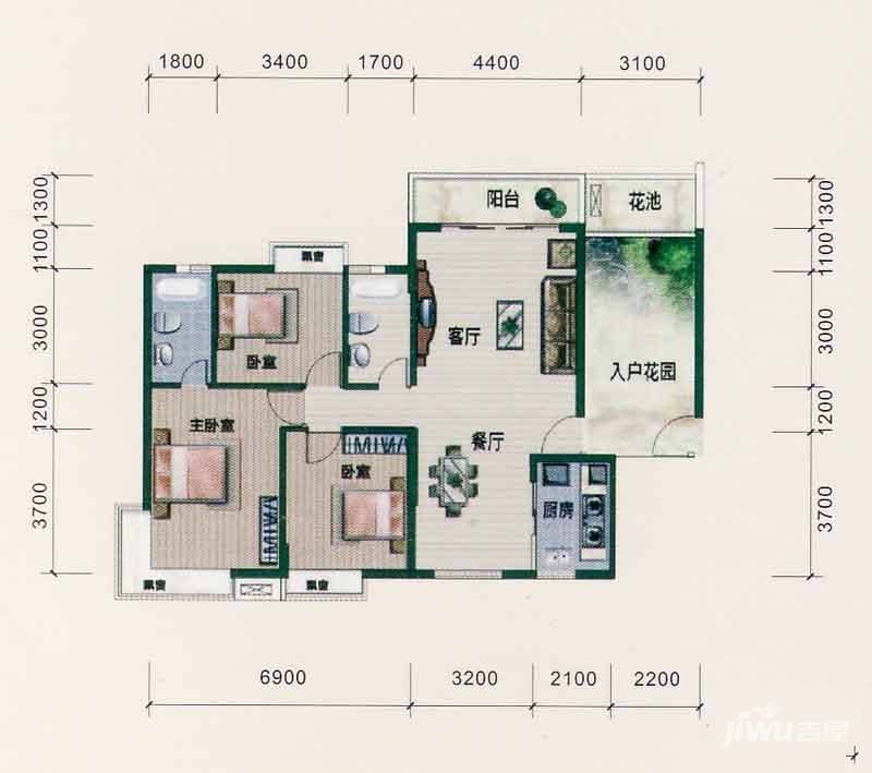 西江月3室2厅2卫100.5㎡户型图