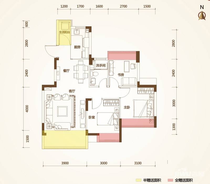 清华十二郡3室2厅1卫80.5㎡户型图